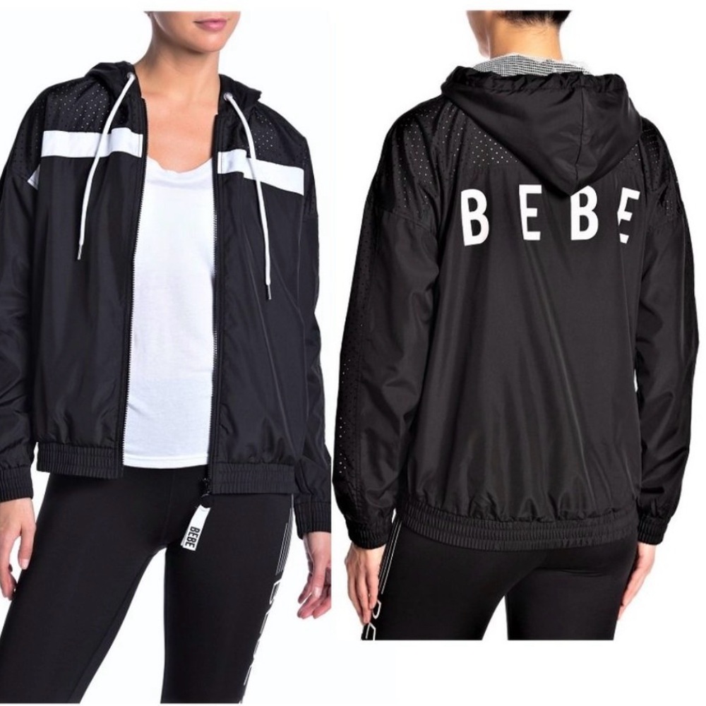 Bebe Sport Black & White Perforated Hooded Windbreaker Jacket. Women’s Large